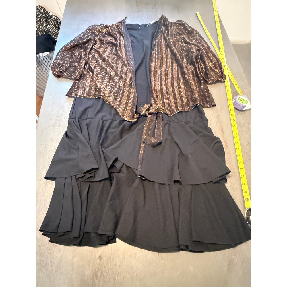Risa Ann New York Vintage 2 Piece Set Tiered Ruffle Dress Metallic Shrug 18W